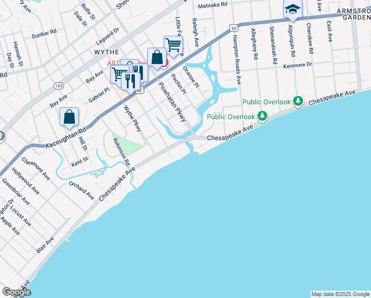 map of restaurants, bars, coffee shops, grocery stores, and more near 2408 Chesapeake Avenue in Hampton