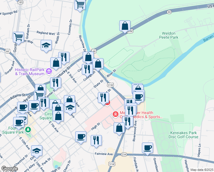 map of restaurants, bars, coffee shops, grocery stores, and more near 121 U.S. 31 West Bypass in Bowling Green