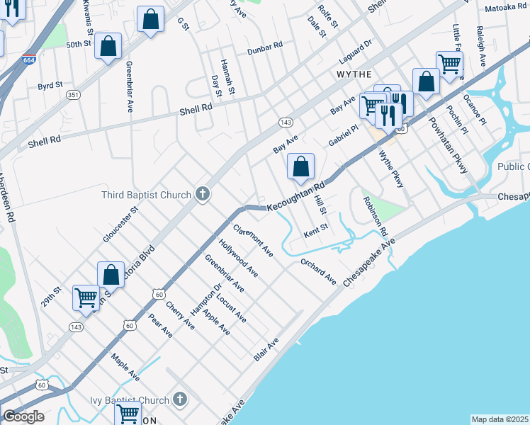 map of restaurants, bars, coffee shops, grocery stores, and more near 1500 Kecoughtan Road in Hampton
