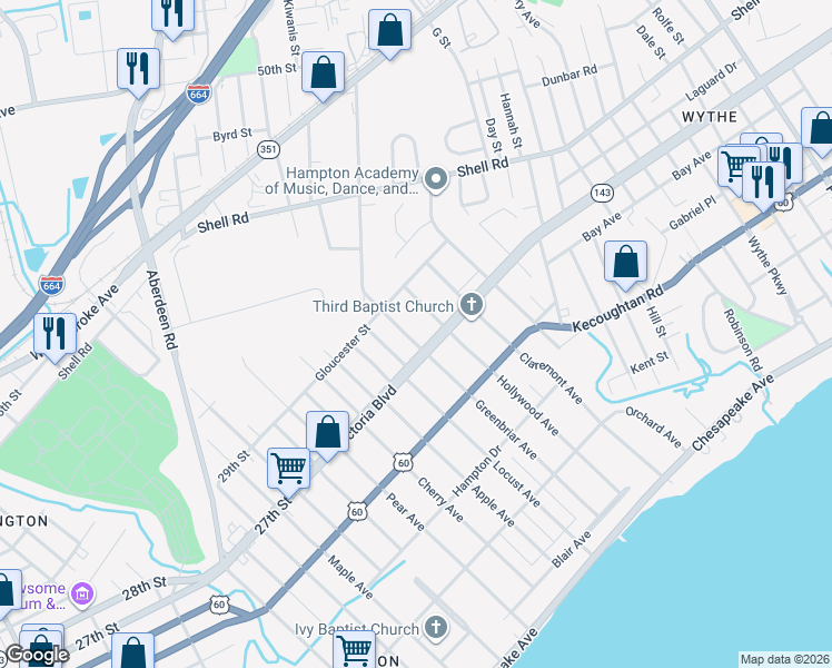 map of restaurants, bars, coffee shops, grocery stores, and more near 404 Greenbriar Avenue in Hampton