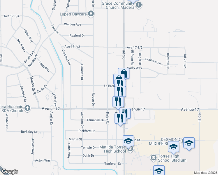 map of restaurants, bars, coffee shops, grocery stores, and more near 17207 Daley Road in Madera
