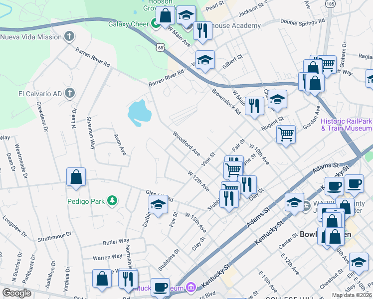 map of restaurants, bars, coffee shops, grocery stores, and more near 611 Woodford Avenue in Bowling Green