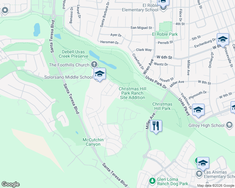 map of restaurants, bars, coffee shops, grocery stores, and more near 6963 Grenache Way in Gilroy