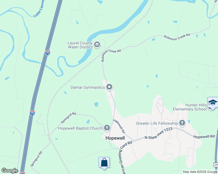 map of restaurants, bars, coffee shops, grocery stores, and more near 2120 Robinson Creek Road in Corbin