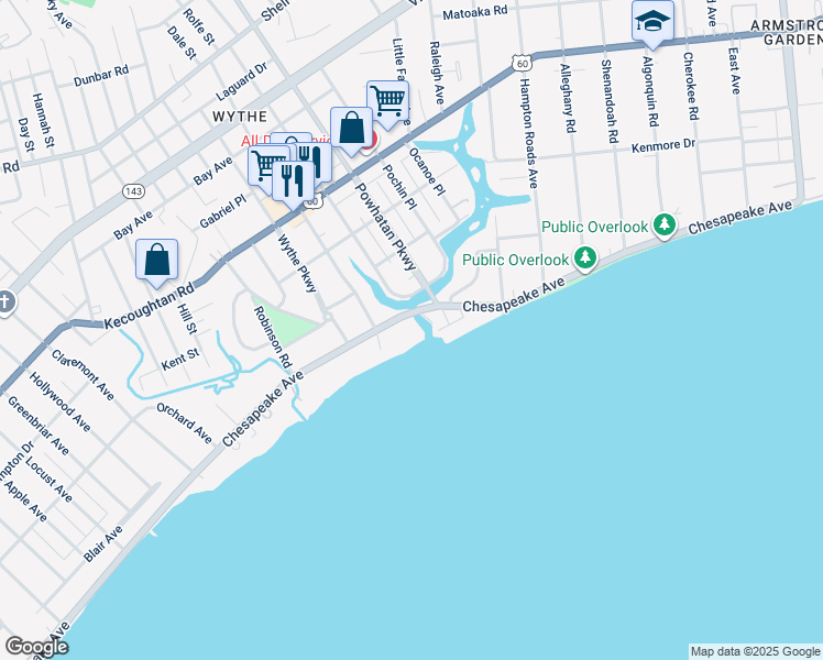 map of restaurants, bars, coffee shops, grocery stores, and more near 2408 Chesapeake Avenue in Hampton