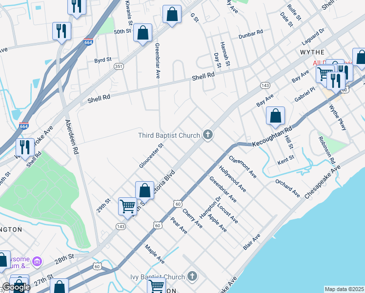 map of restaurants, bars, coffee shops, grocery stores, and more near 406 Greenbriar Avenue in Hampton