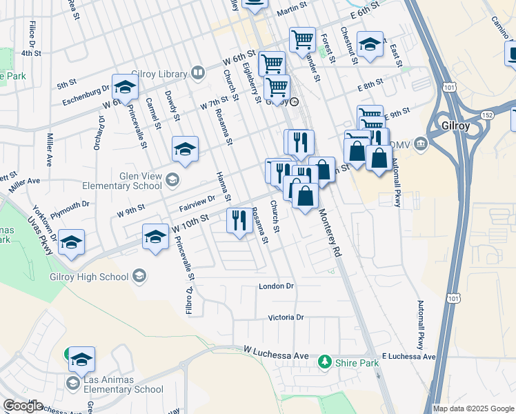 map of restaurants, bars, coffee shops, grocery stores, and more near 6960 Rosanna Street in Gilroy