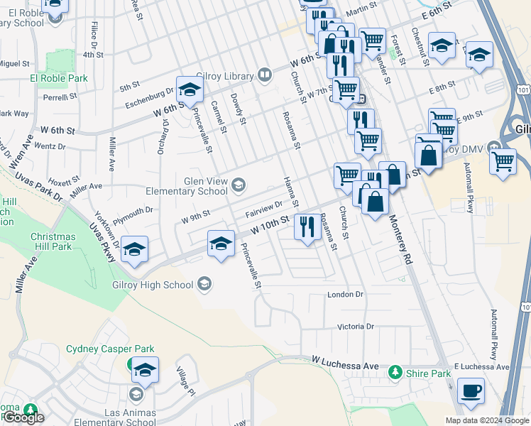 map of restaurants, bars, coffee shops, grocery stores, and more near 540 Fairview Drive in Gilroy