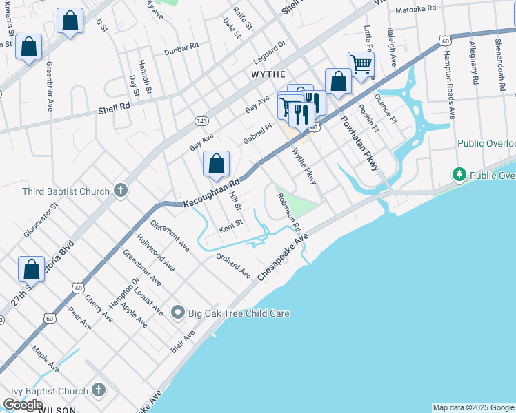 map of restaurants, bars, coffee shops, grocery stores, and more near 127 Wythe Crescent Drive in Hampton