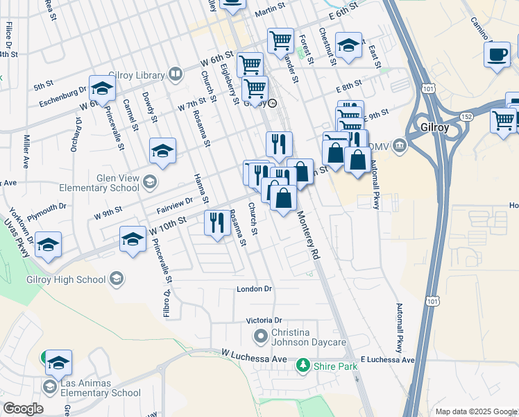 map of restaurants, bars, coffee shops, grocery stores, and more near 6956 Church Street in Gilroy