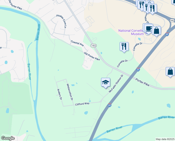 map of restaurants, bars, coffee shops, grocery stores, and more near 180 Coachman Court in Bowling Green