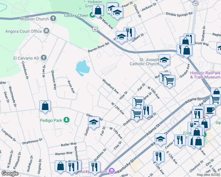 map of restaurants, bars, coffee shops, grocery stores, and more near 605 Woodford Avenue in Bowling Green