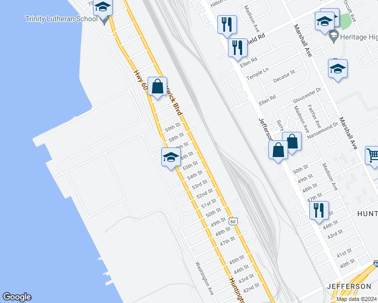 map of restaurants, bars, coffee shops, grocery stores, and more near 335 56th Street in Newport News