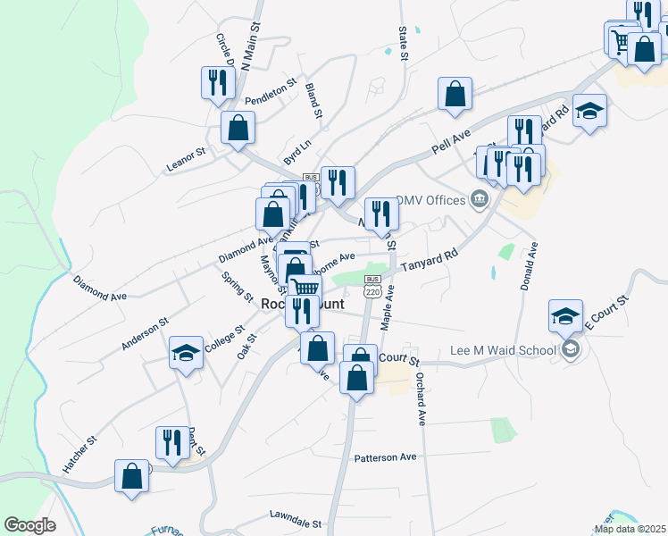 map of restaurants, bars, coffee shops, grocery stores, and more near 110 Claiborne Avenue in Rocky Mount