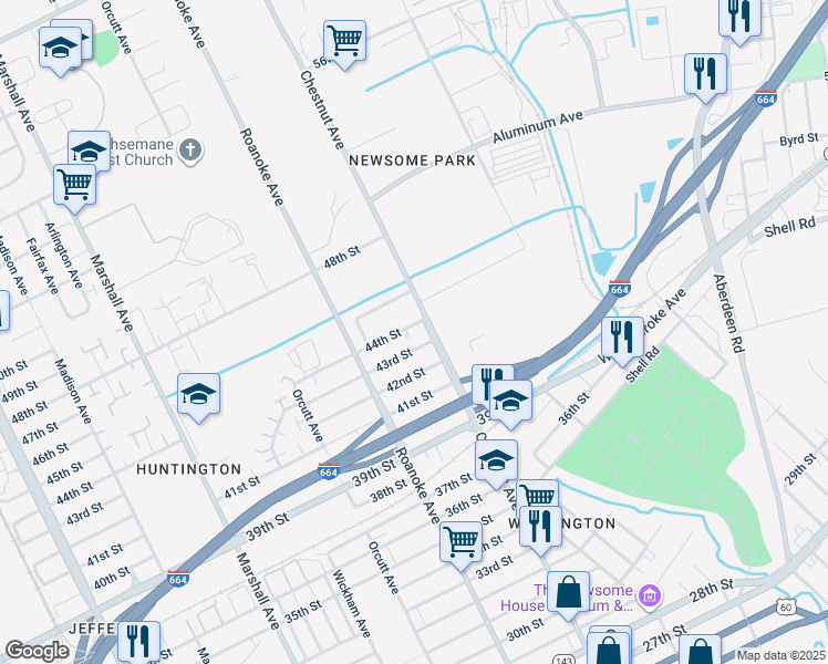 map of restaurants, bars, coffee shops, grocery stores, and more near 1152 44th Street in Newport News