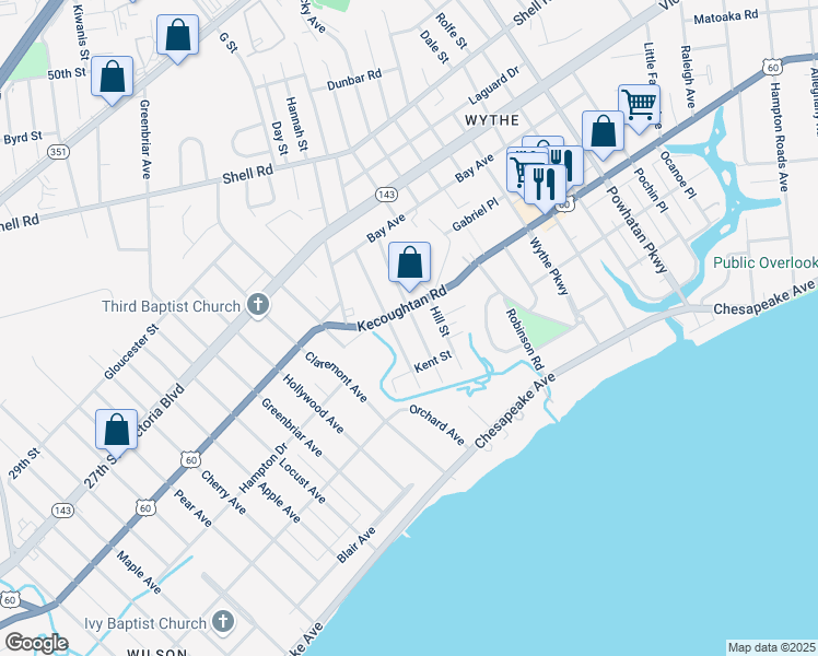map of restaurants, bars, coffee shops, grocery stores, and more near 134 Clifton Street in Hampton