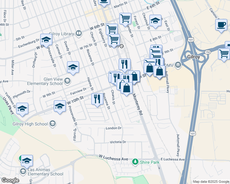 map of restaurants, bars, coffee shops, grocery stores, and more near 6956 Church Street in Gilroy