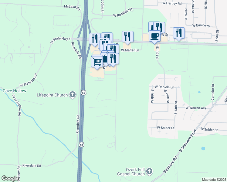 map of restaurants, bars, coffee shops, grocery stores, and more near 2003 South 19th Street in Ozark