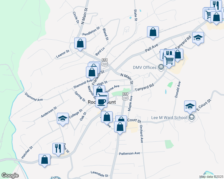 map of restaurants, bars, coffee shops, grocery stores, and more near 110 Claiborne Avenue in Rocky Mount