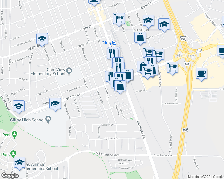 map of restaurants, bars, coffee shops, grocery stores, and more near 6956 Church Street in Gilroy