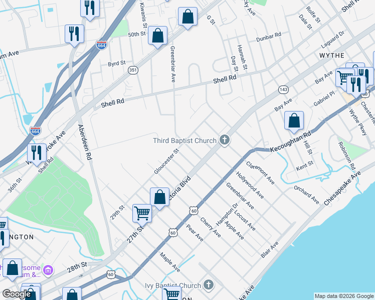map of restaurants, bars, coffee shops, grocery stores, and more near 380 Leeland Avenue in Hampton