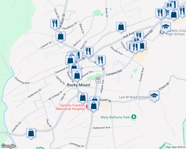 map of restaurants, bars, coffee shops, grocery stores, and more near 130 Claiborne Avenue in Rocky Mount