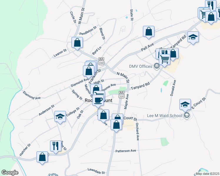 map of restaurants, bars, coffee shops, grocery stores, and more near 130 Claiborne Avenue in Rocky Mount
