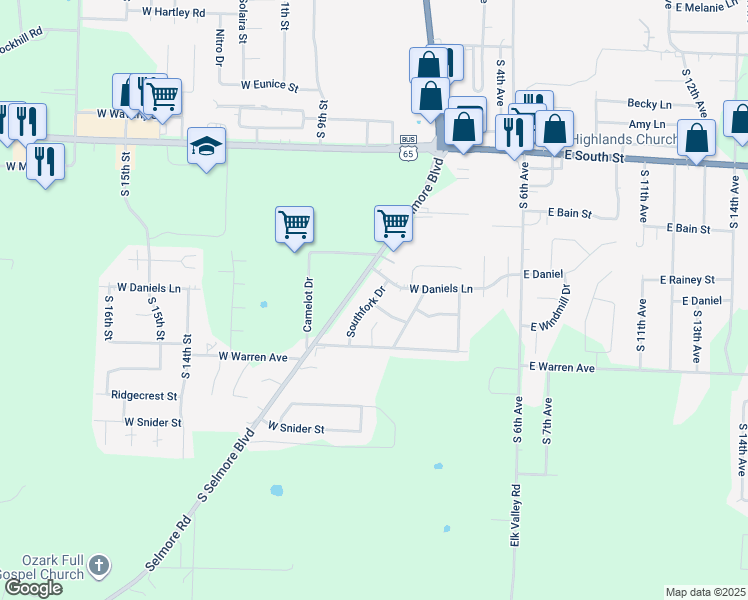 map of restaurants, bars, coffee shops, grocery stores, and more near 501-503 Southfork Drive in Ozark