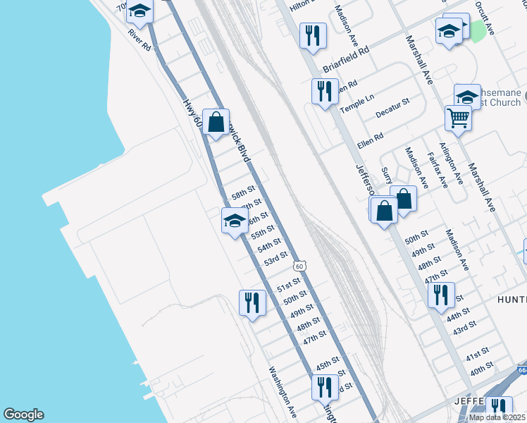 map of restaurants, bars, coffee shops, grocery stores, and more near 341 56th Street in Newport News