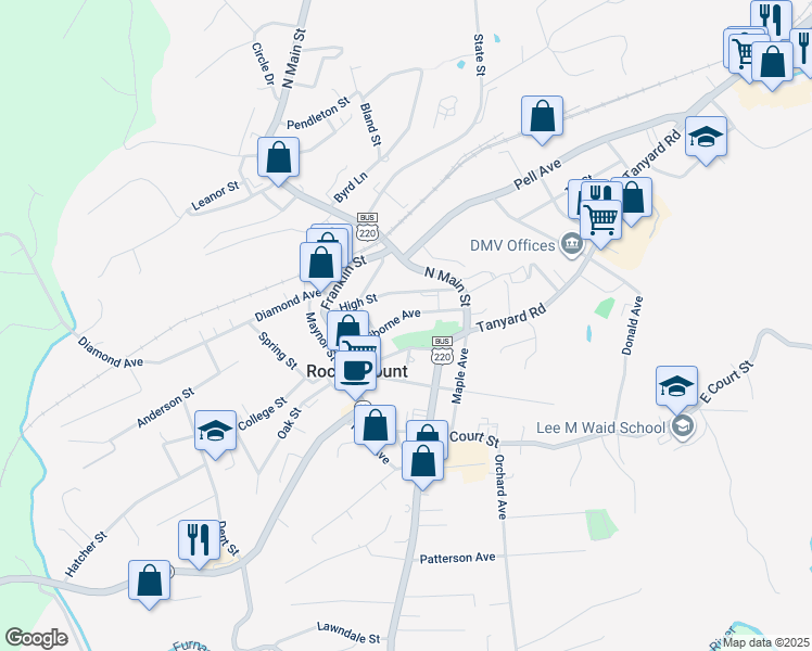 map of restaurants, bars, coffee shops, grocery stores, and more near 130 Claiborne Avenue in Rocky Mount