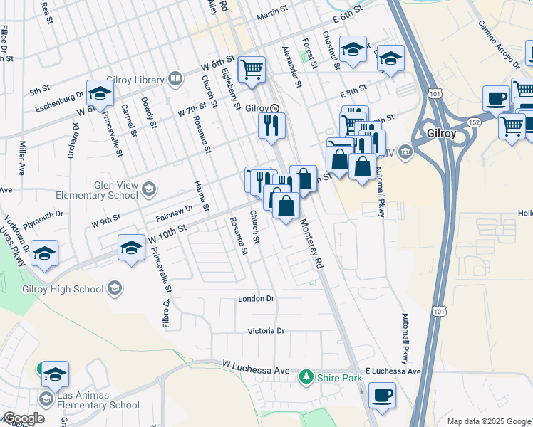 map of restaurants, bars, coffee shops, grocery stores, and more near 164 West 10th Street in Gilroy
