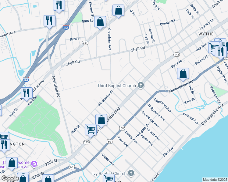map of restaurants, bars, coffee shops, grocery stores, and more near 386 Leeland Avenue in Hampton
