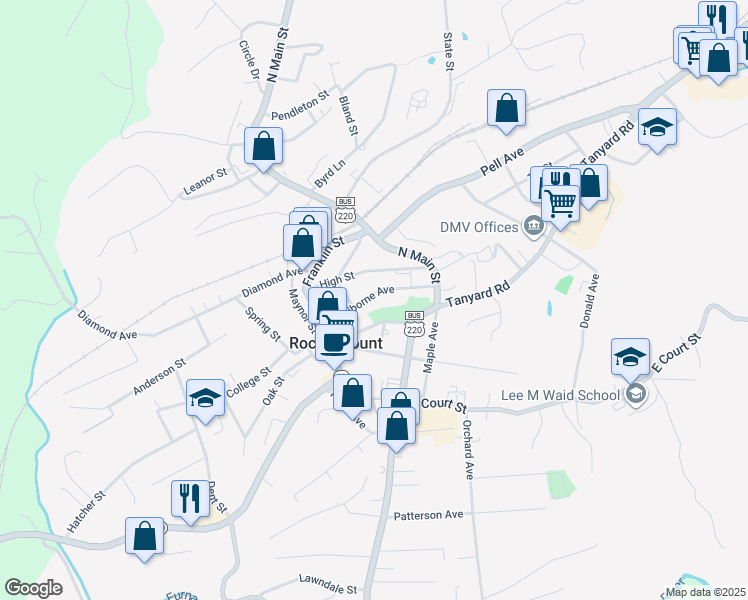 map of restaurants, bars, coffee shops, grocery stores, and more near 120 Claiborne Avenue in Rocky Mount