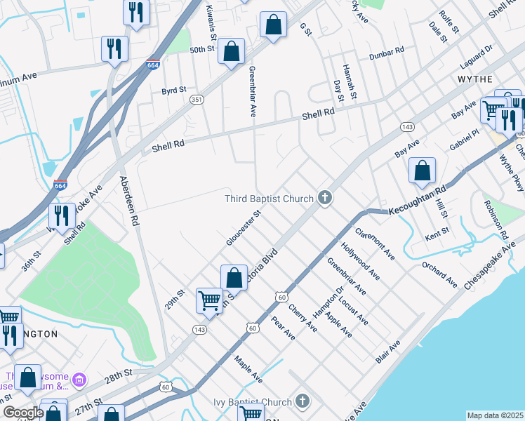 map of restaurants, bars, coffee shops, grocery stores, and more near 386 Leeland Avenue in Hampton