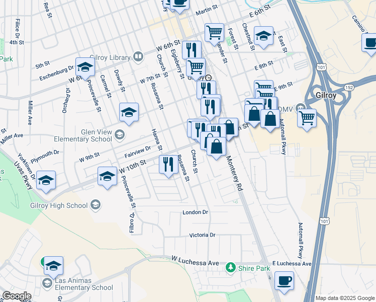 map of restaurants, bars, coffee shops, grocery stores, and more near 6960 Rosanna Street in Gilroy