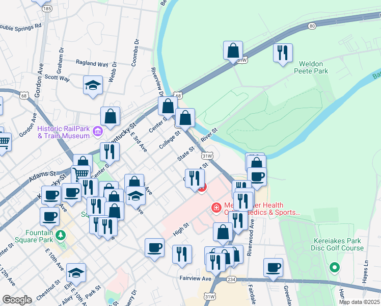 map of restaurants, bars, coffee shops, grocery stores, and more near 121 U.S. 31 Bypass in Bowling Green