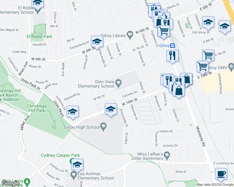 map of restaurants, bars, coffee shops, grocery stores, and more near 700 West 9th Street in Gilroy