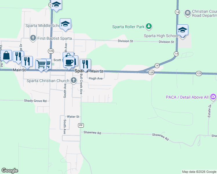 map of restaurants, bars, coffee shops, grocery stores, and more near 561 Sunset Street in Sparta