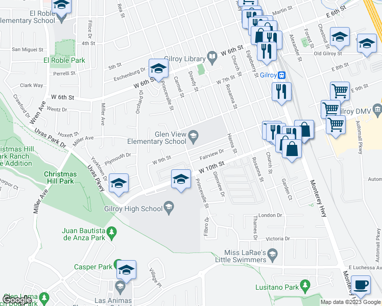 map of restaurants, bars, coffee shops, grocery stores, and more near 7060 Princevalle Street in Gilroy