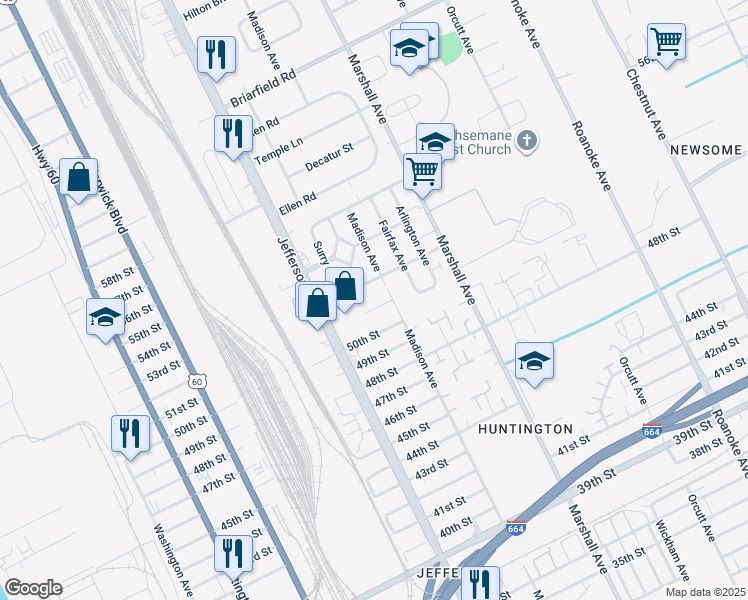 map of restaurants, bars, coffee shops, grocery stores, and more near 653 Spencer Circle in Newport News