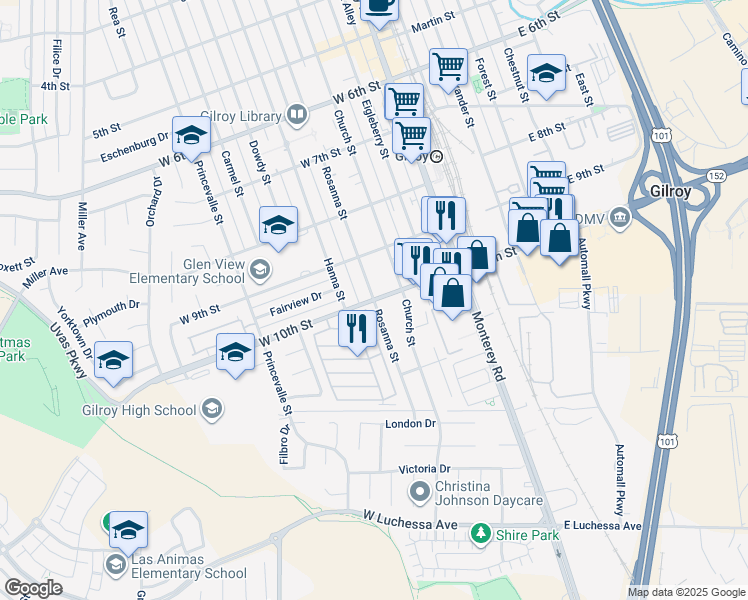 map of restaurants, bars, coffee shops, grocery stores, and more near West 10th Street & Rosanna Street in Gilroy