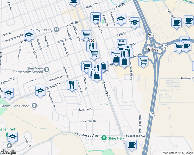 map of restaurants, bars, coffee shops, grocery stores, and more near 6945 Monterey Road in Gilroy