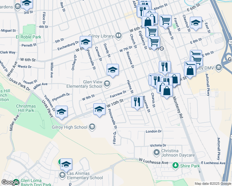 map of restaurants, bars, coffee shops, grocery stores, and more near 561 Fairview Drive in Gilroy