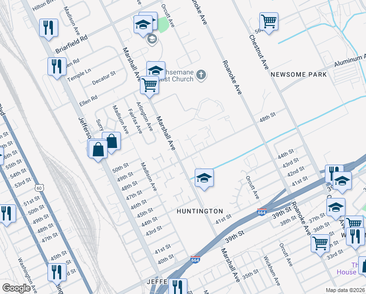 map of restaurants, bars, coffee shops, grocery stores, and more near 4928 Marshall Avenue in Newport News