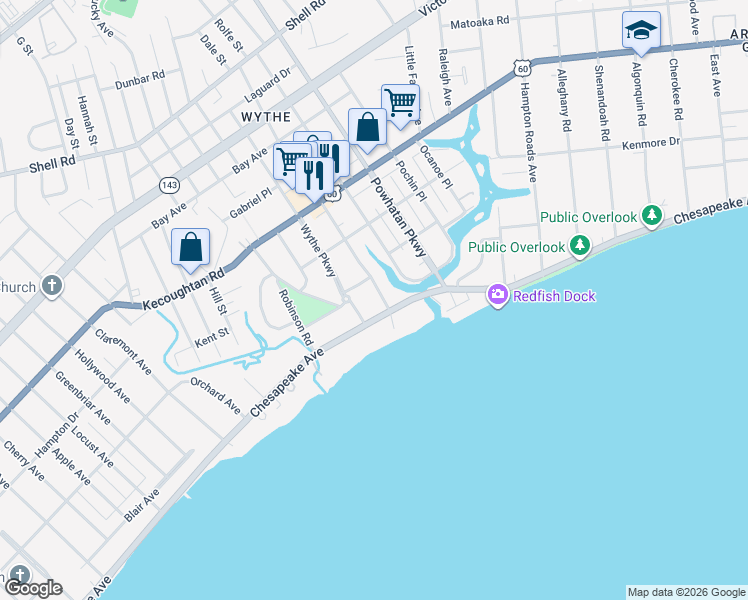 map of restaurants, bars, coffee shops, grocery stores, and more near 100 Wythe Parkway in Hampton