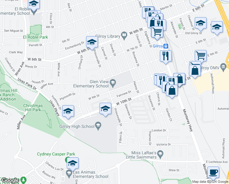 map of restaurants, bars, coffee shops, grocery stores, and more near 640 West 9th Street in Gilroy