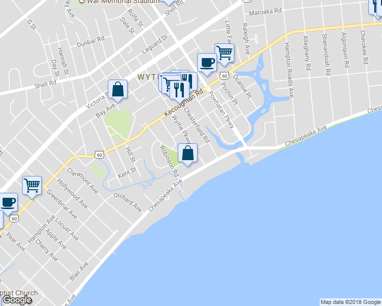 map of restaurants, bars, coffee shops, grocery stores, and more near 117 Wythe Parkway in Hampton