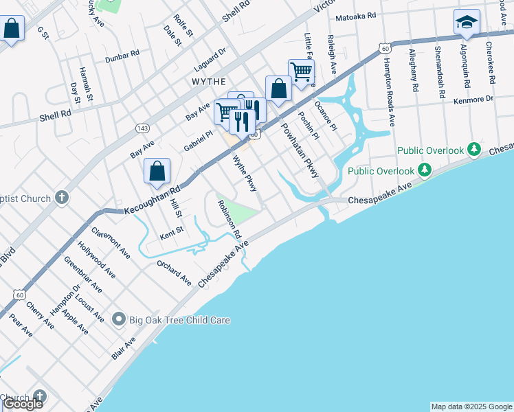map of restaurants, bars, coffee shops, grocery stores, and more near 117 Wythe Parkway in Hampton