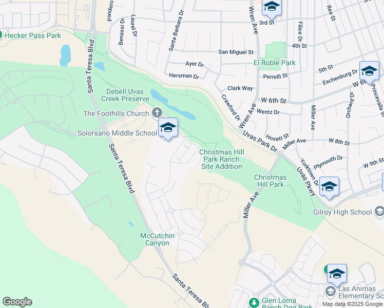 map of restaurants, bars, coffee shops, grocery stores, and more near 1571 Castlewood Place in Gilroy