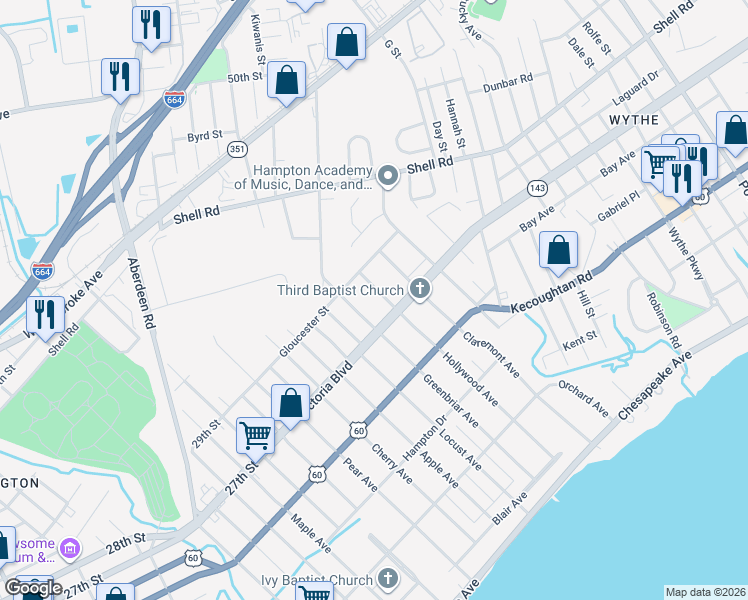 map of restaurants, bars, coffee shops, grocery stores, and more near 404 Greenbriar Avenue in Hampton